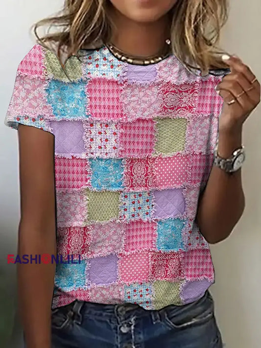 Women’s Pink Patchwork Print Casual T shirt As picture / S