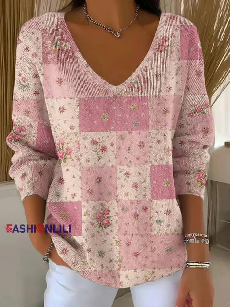 Women’s Pink Patchwork Print Casual Top Pink / S