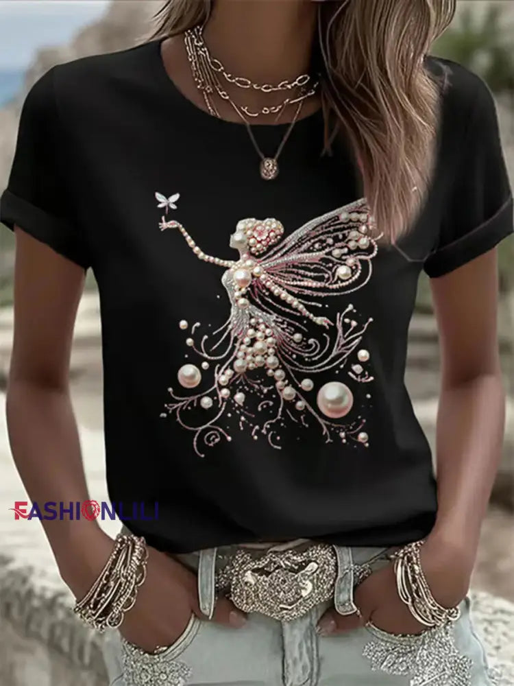 Women’s Pink Pearl Print Casual T shirt Black / S