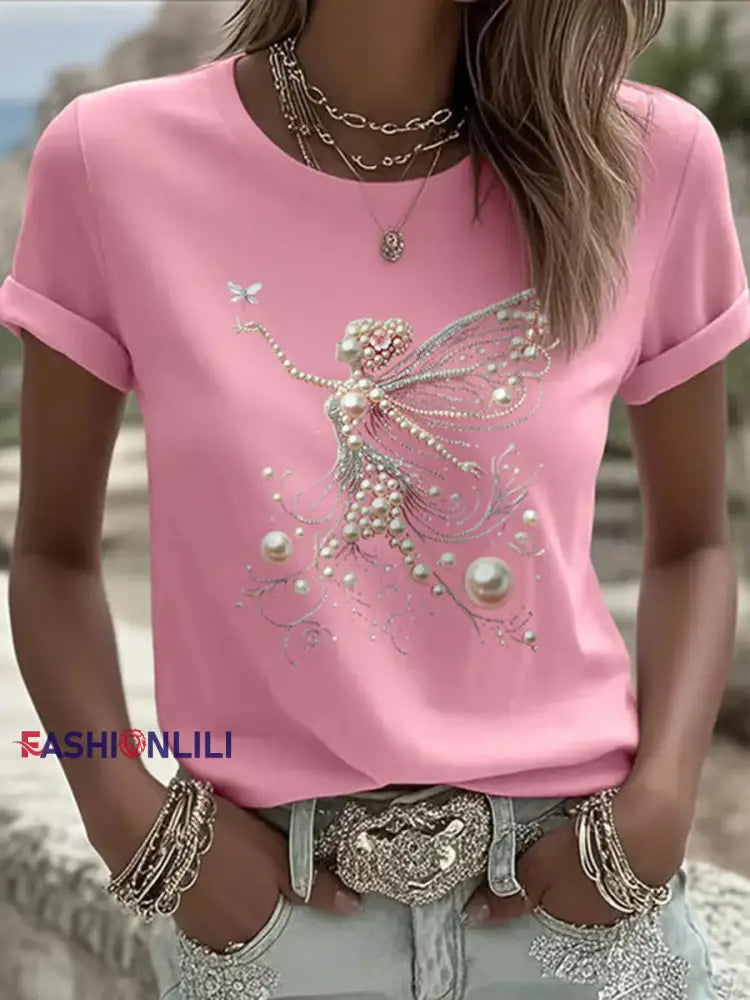 Women’s Pink Pearl Print Casual T shirt Pink / S