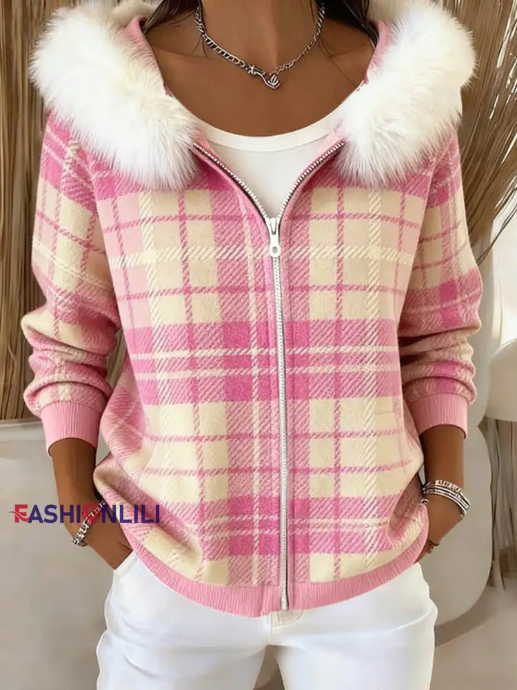 Women’s Pink Plaid Pattern Cozy Furry Cardigan Pink / S