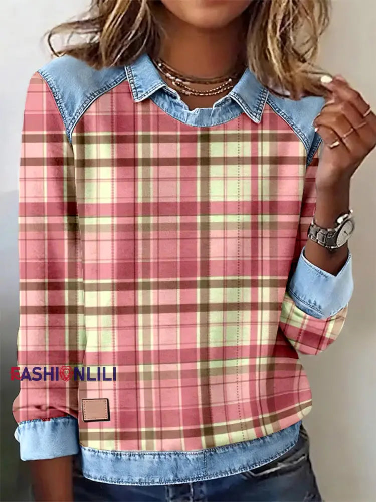 Women’s Pink Plaid Pattern Patchwork Art Sweatshirt As picture / S