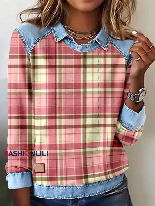 Women’s Pink Plaid Pattern Patchwork Art Sweatshirt As picture / S