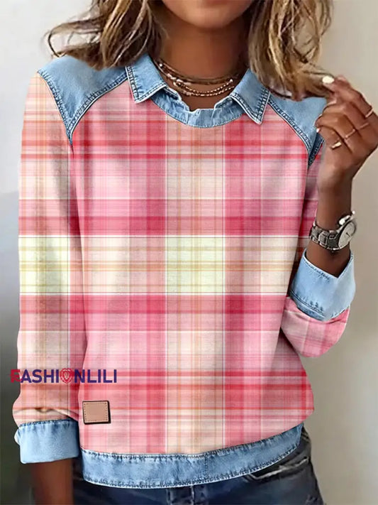 Women’s Pink Plaid Pattern Patchwork Art Sweatshirt As picture / S