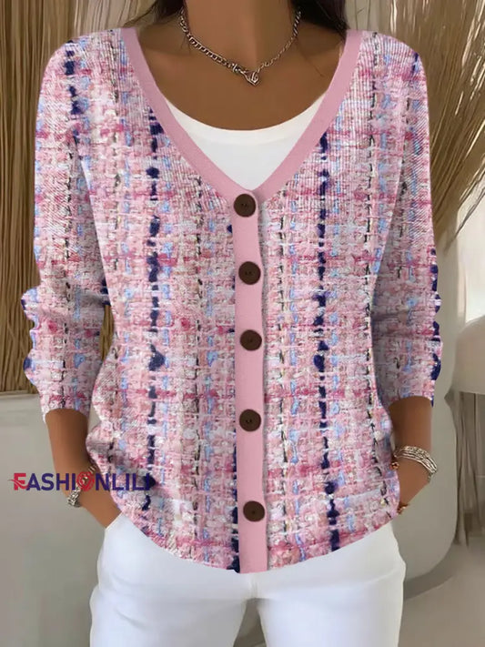 Women’s Pink Plaid Print Casual Cardigan Pink / S