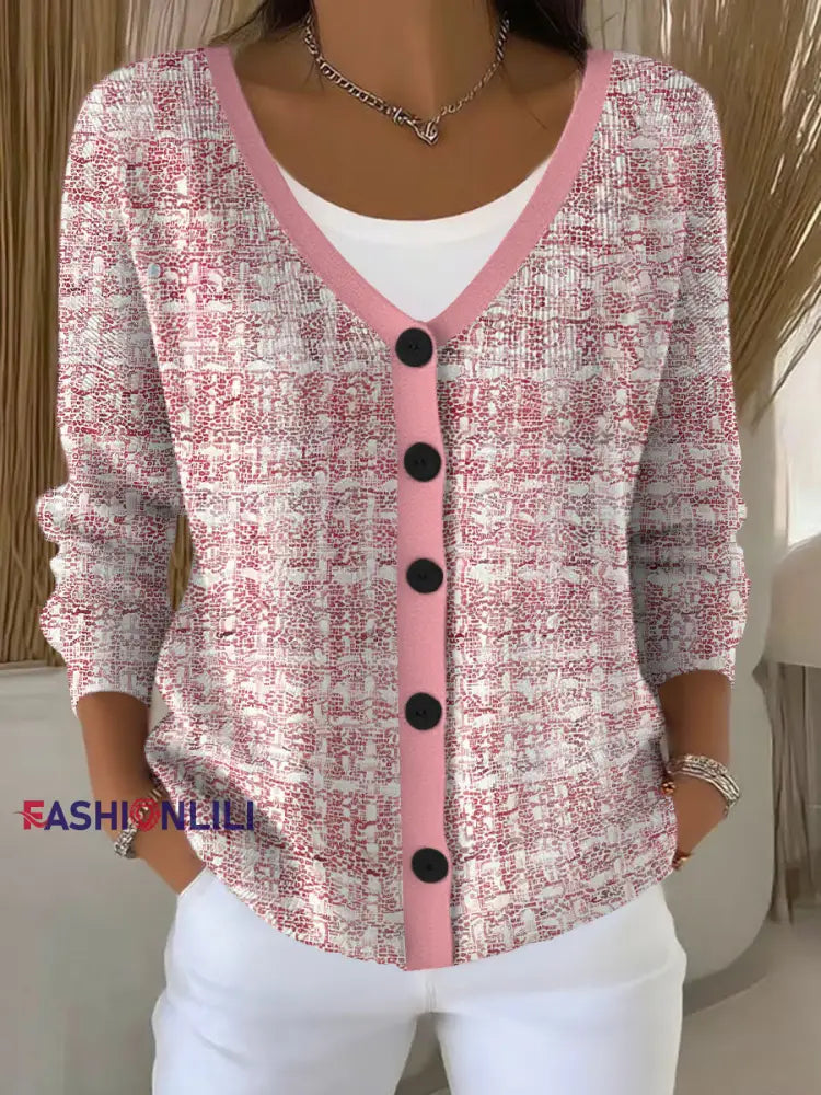Women’s Pink Plaid Print Casual Cardigan Pink / S