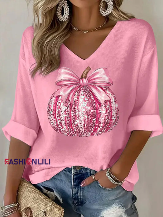 Women’s Pink Pumpkin Print Breast Cancer Awareness Support V Neck Long Sleeve Top Pink / S