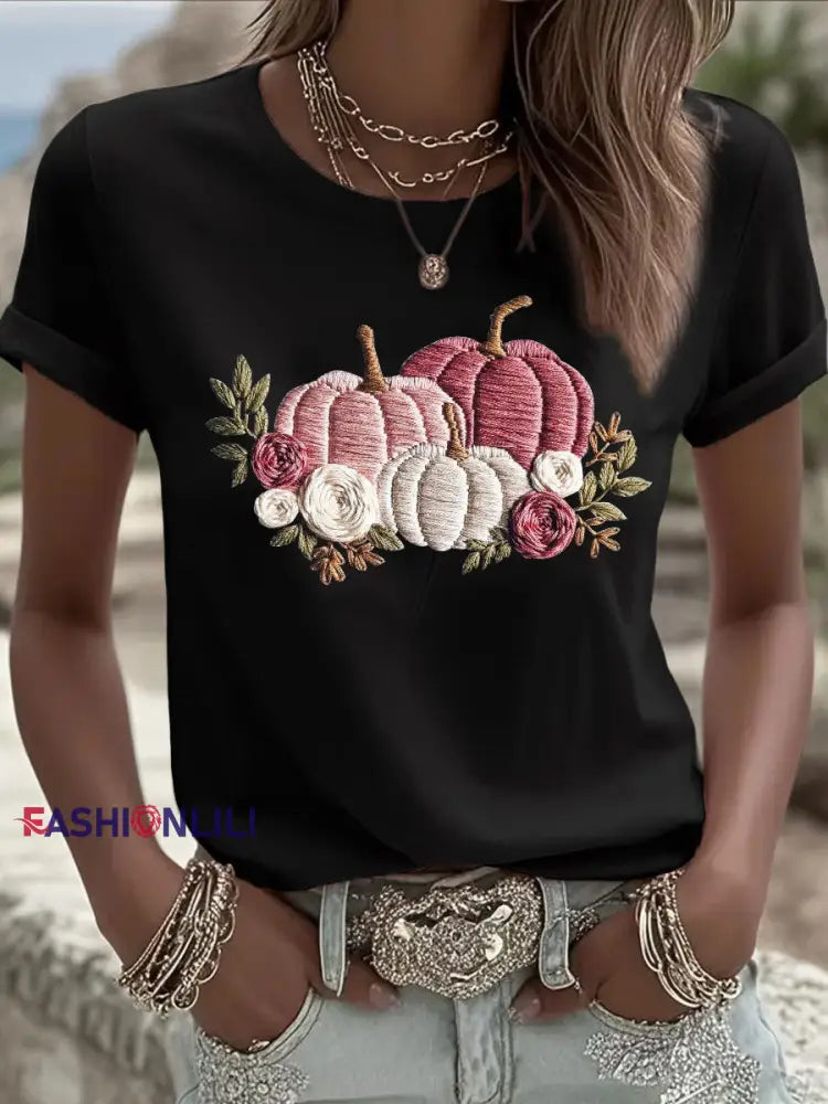 Women’s Pink Pumpkin Print Casual T shirt Black / S