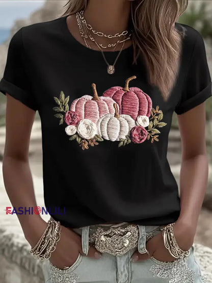 Women’s Pink Pumpkin Print Casual T shirt Black / S