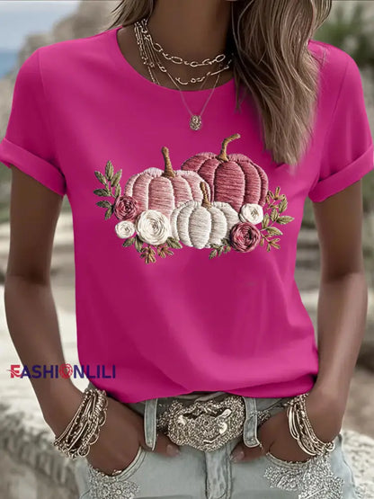 Women’s Pink Pumpkin Print Casual T shirt Rose Red / S