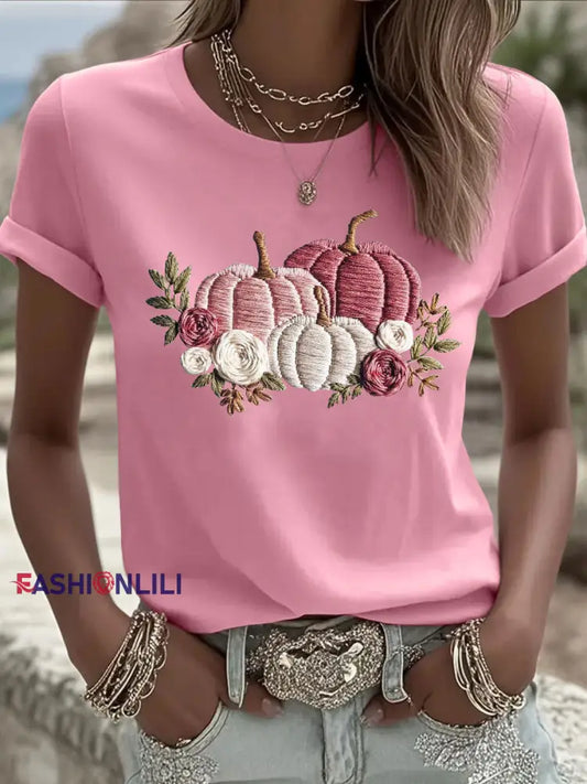 Women’s Pink Pumpkin Print Casual T shirt Pink / S