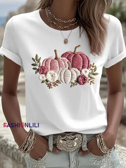 Women’s Pink Pumpkin Print Casual T shirt White / S