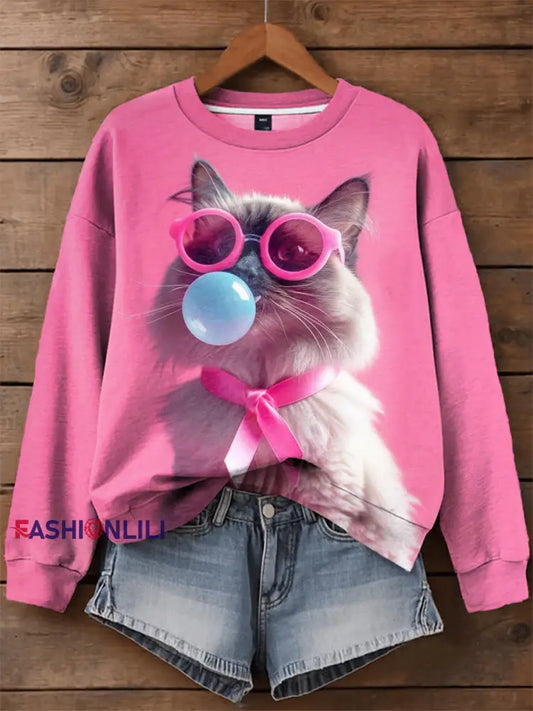 Women’s Pink Ribbon Animals Print Casual Sweatshirt As picture / S