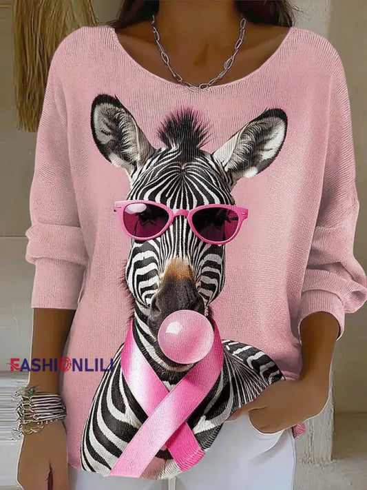 Women’s Pink Ribbon Animals Print Round Neck Ribbed Top As picture / S