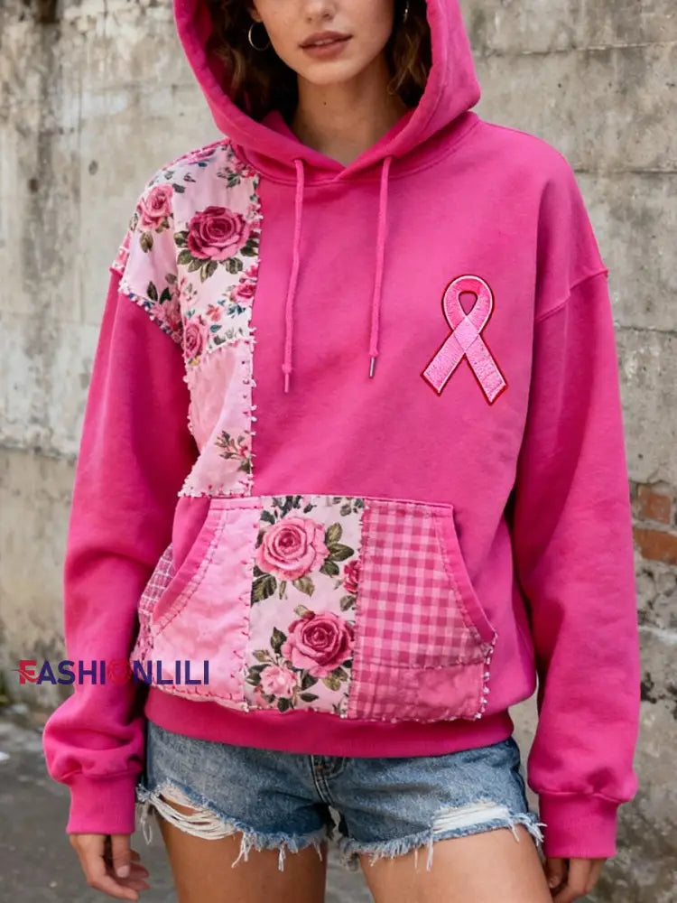 Women’s Pink Ribbon & Floral Patchwork Art Hoodie Pink / S
