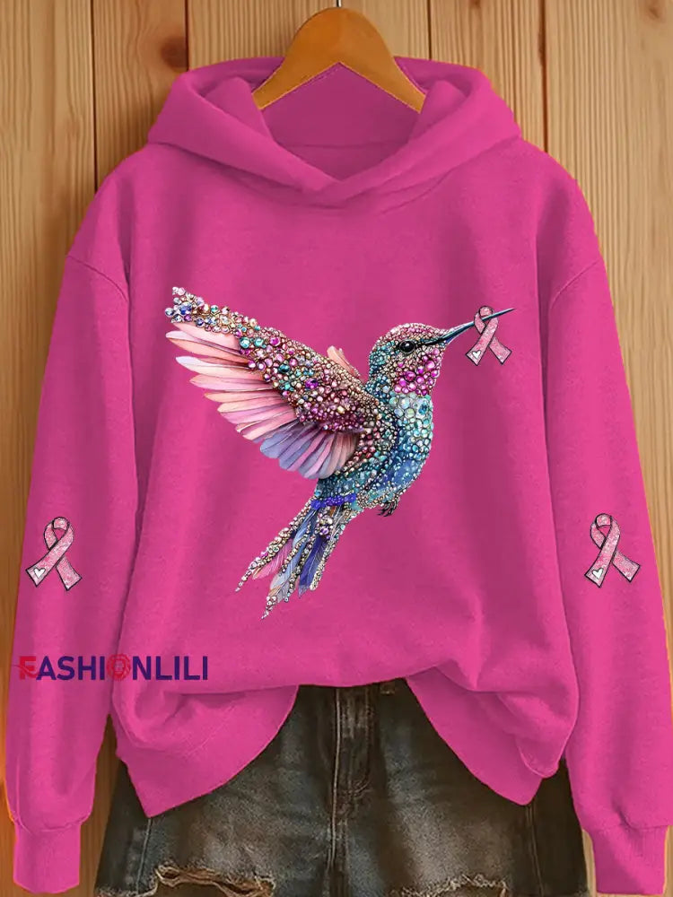 Women’s Pink Ribbon Print Casual Hoodie Rose Red / S