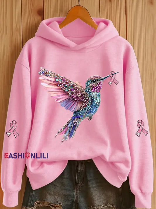 Women’s Pink Ribbon Print Casual Hoodie Pink / S