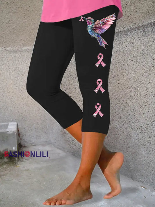 Women’s Pink Ribbon Print Casual Leggings Black / S