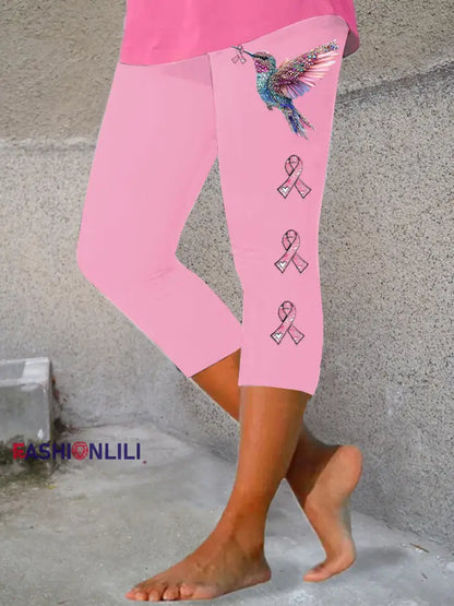 Women’s Pink Ribbon Print Casual Leggings Pink / S