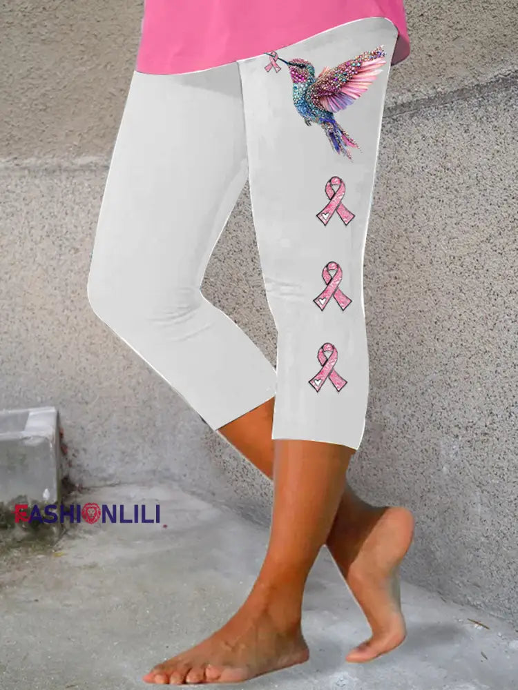 Women’s Pink Ribbon Print Casual Leggings White / S