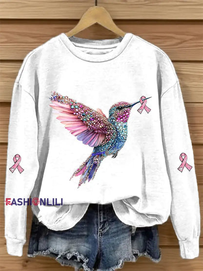 Women’s Pink Ribbon Print Casual Sweatshirt White / S