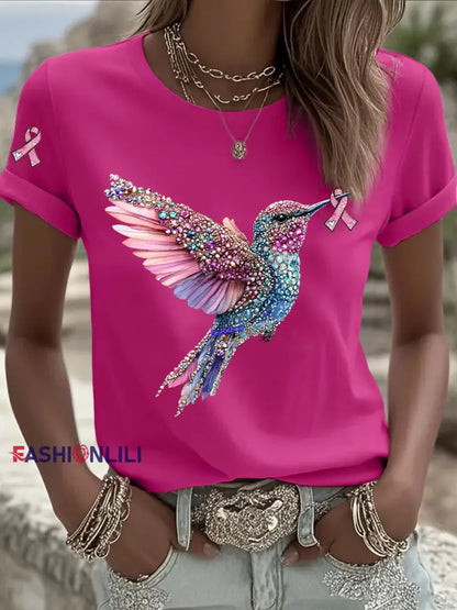 Women’s Pink Ribbon Print Casual T shirt Rose Red / S