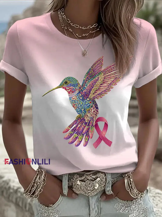 Women’s Pink Ribbon Print Casual T shirt Pink / S