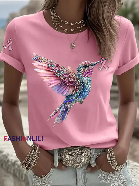 Women’s Pink Ribbon Print Casual T shirt Pink / S