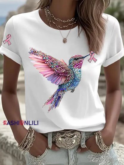 Women’s Pink Ribbon Print Casual T shirt White / S