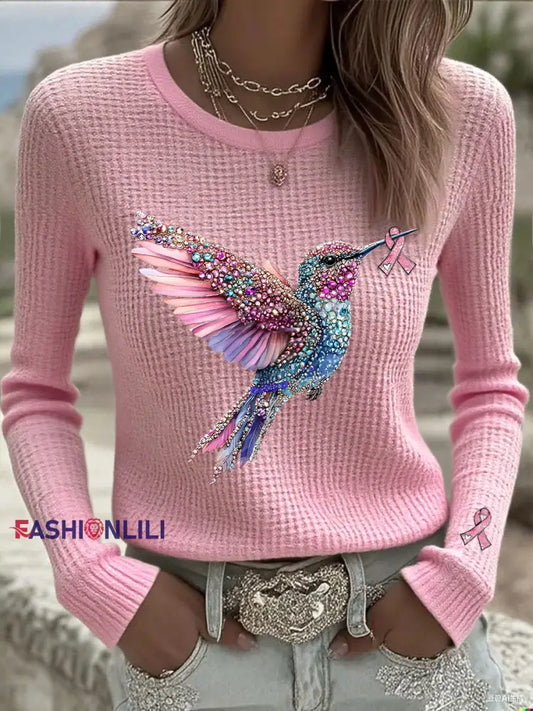 Women’s Pink Ribbon Print Casual Top Pink / S