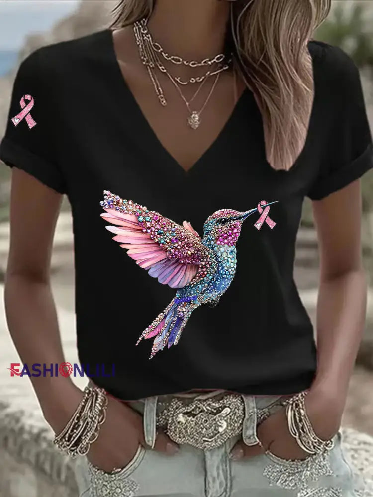 Women’s Pink Ribbon Print Casual V Neck T Shirt Black / S