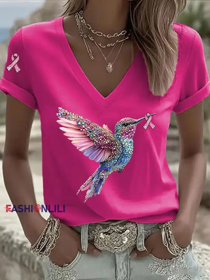 Women’s Pink Ribbon Print Casual V Neck T Shirt Rose Red / S