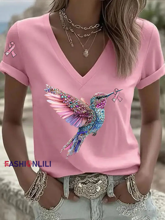 Women’s Pink Ribbon Print Casual V Neck T Shirt Pink / S
