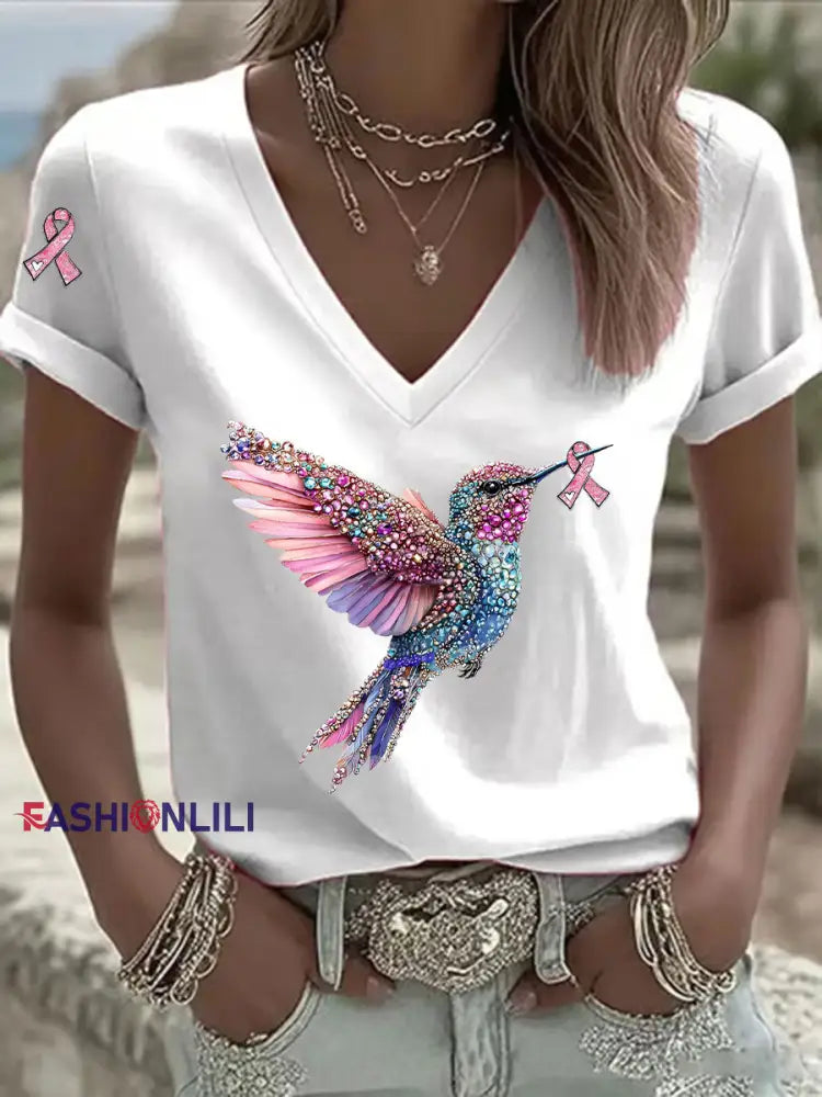 Women’s Pink Ribbon Print Casual V Neck T Shirt White / S