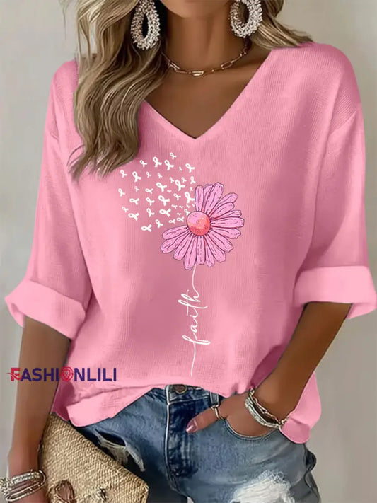 Women’s Pink Ribbon Sunflower Faith Breast Cancer Awareness Support V Neck Top Pink / S