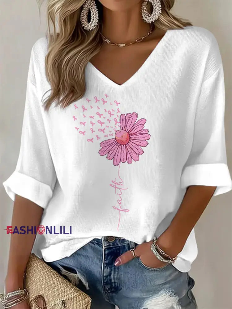 Women’s Pink Ribbon Sunflower Faith Breast Cancer Awareness Support V Neck Top White / S