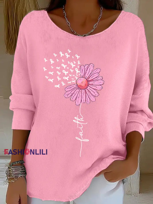 Women’s Pink Ribbon Sunflower Faith Print Breast Cancer Awareness Support Long Sleeve Top Pink / S