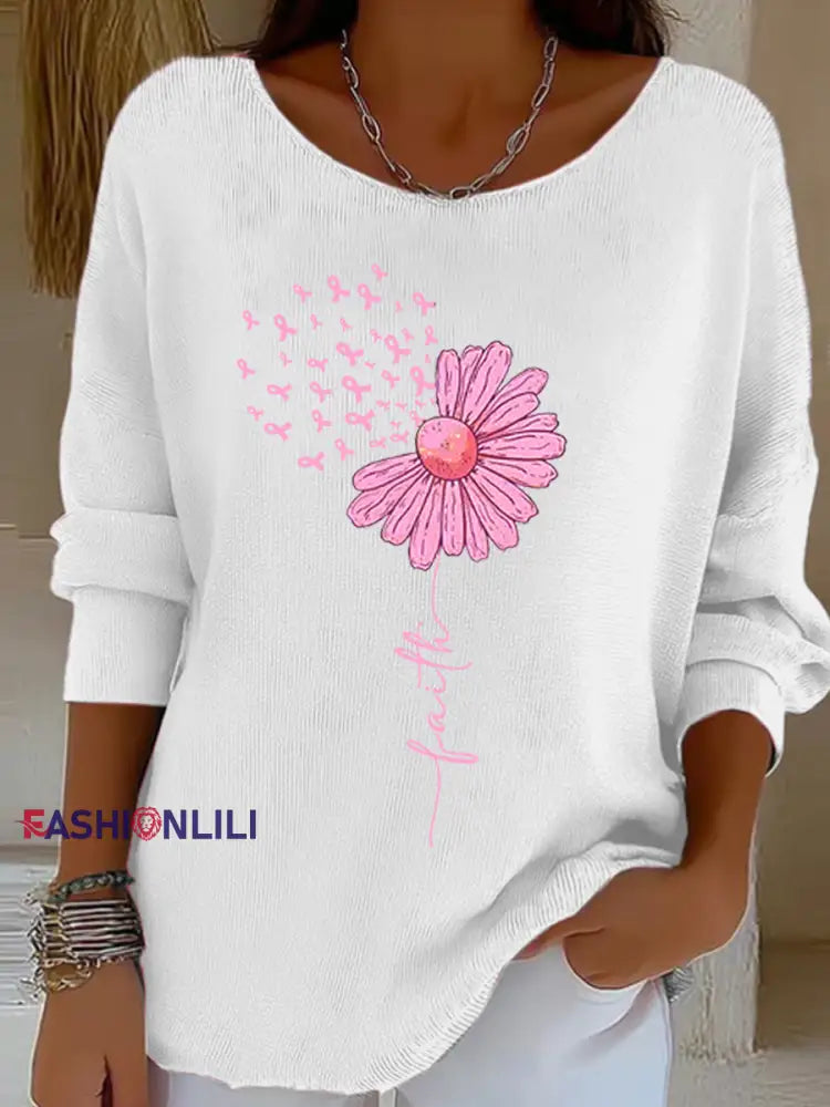 Women’s Pink Ribbon Sunflower Faith Print Breast Cancer Awareness Support Long Sleeve Top White / S