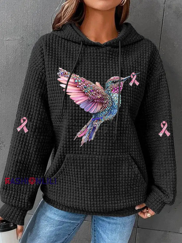 Women’s Pink Ribbon Waffle Print Casual Hoodie Black / S