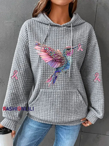 Women’s Pink Ribbon Waffle Print Casual Hoodie Gray / S