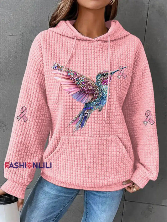 Women’s Pink Ribbon Waffle Print Casual Hoodie Pink / S