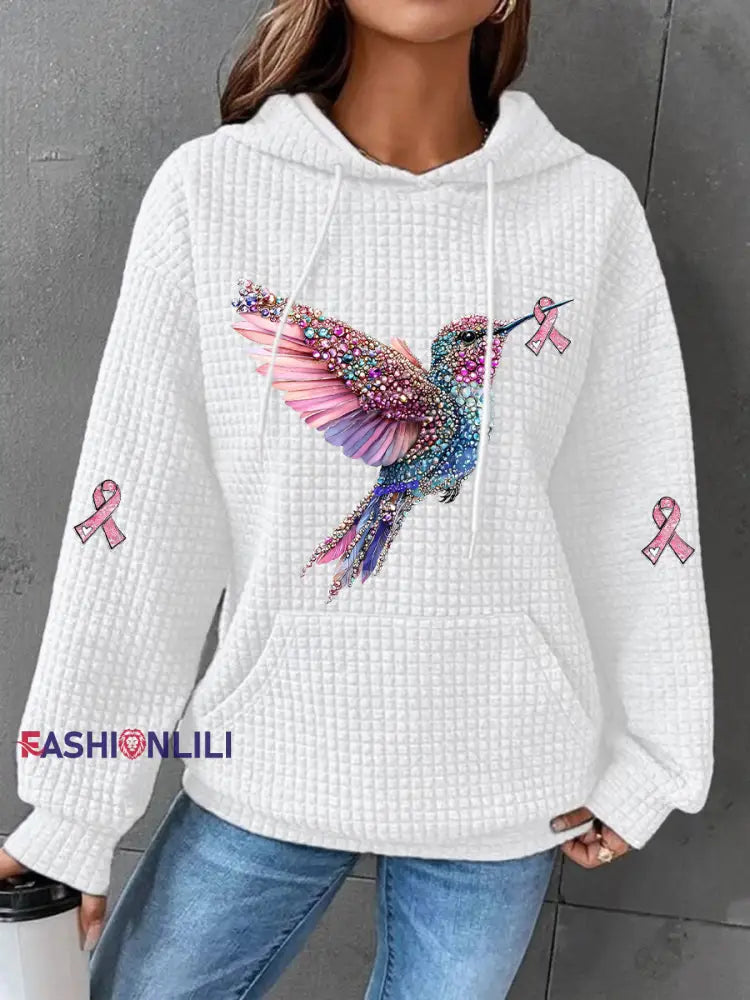 Women’s Pink Ribbon Waffle Print Casual Hoodie White / S