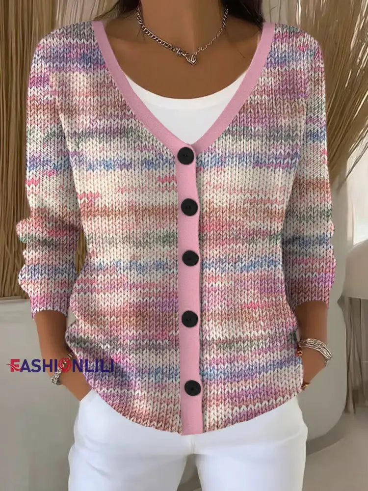 Women’s Pink Striped Print Casual Cardigan Pink / S