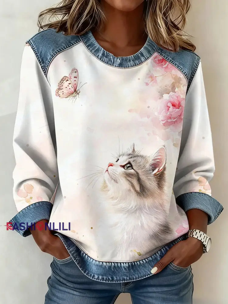 Women’s Plants Flowers Cat Pattern Patchwork Art Sweatshirt As picture / S