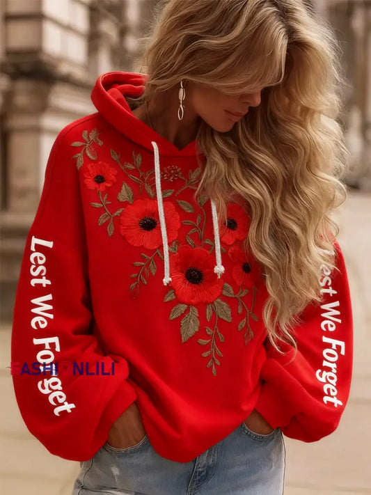 Women’s poppy flower Lest We Forget Drawstring Hoodie Red / S