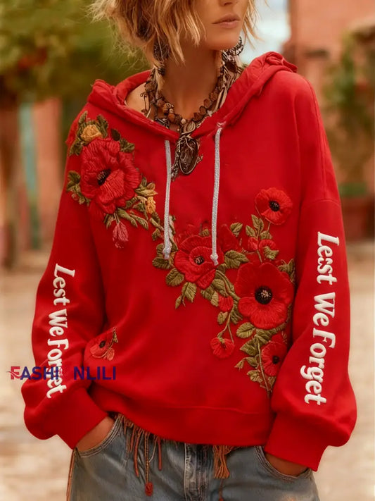 Women’s poppy flower Lest We Forget Drawstring Hoodie Red / S
