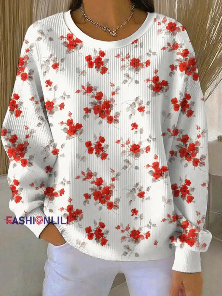 Women’s poppy flower Print Ribbed Round-Neck Sweatshirt S