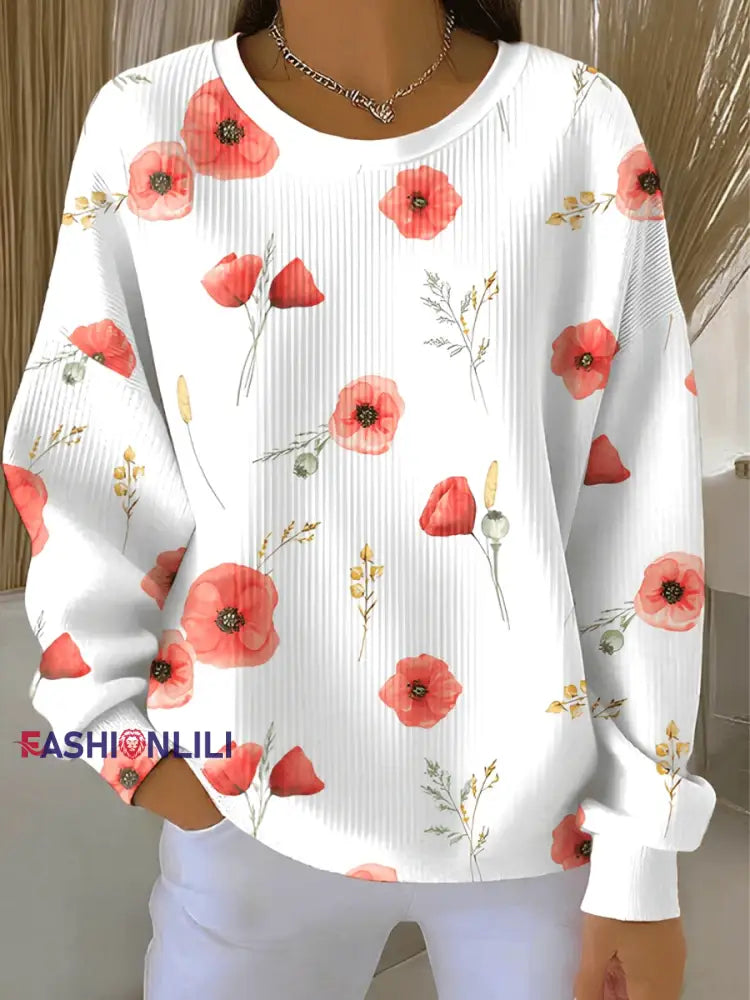 Women’s poppy flower Print Ribbed Round-Neck Sweatshirt S