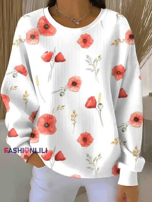 Women’s poppy flower Print Ribbed Round-Neck Sweatshirt S