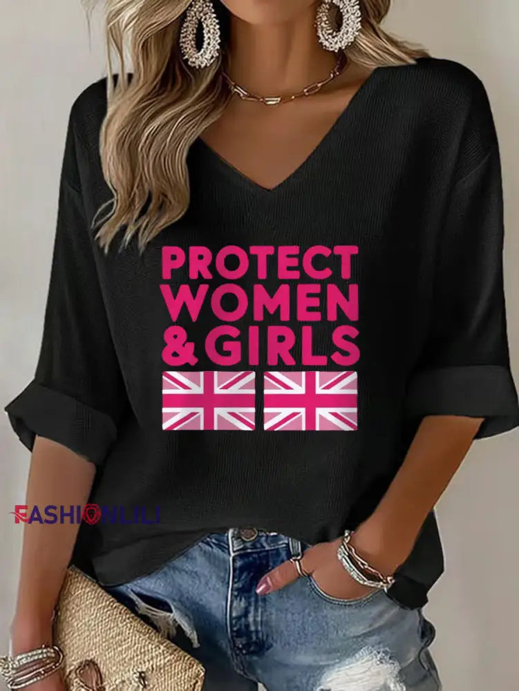 Women’s Protect Women Girls Print Waffle T shirt Black / S